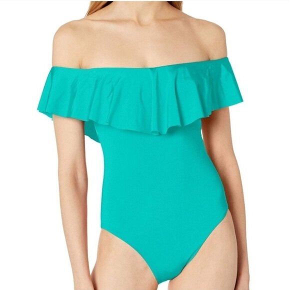 Trina Turk Other - New Trina Turk sz 12 women off shoulder ruffle swimsuit turquoise